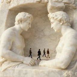 the inside of a stone marble sculpture monument by tim blandin and arthur haas and bruce pennington and john schoenherr, octane render, warm colour scheme, white, cinematic, scenery, high detail, high quality, close up angle, people walking
