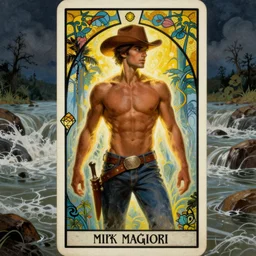 a dramatic, epic art deco painting of a handsome brown shirtless cowboy glowing with a mysterious aura | background is a torrential flooding river | tarot! card, art deco, art nouveau | by Mark Maggiori | trending on artstation