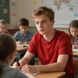 a young man with a red t - shirt that is tutoring new kids at a international school in finland