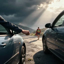 superhero stopping a car with their hand