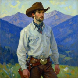 attractive man, cowboy, beautiful mountain, cool colors, painting by gaston bussiere, craig mullins, greg rutkowski, alphonse mucha
