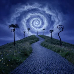 blue hour lighting, curled perspective digital art of spiral clouds cobblestone street with wildflowers top of a hill with spiral palmtrees by anton fadeev from nightmare before christmas. horton hears a who!