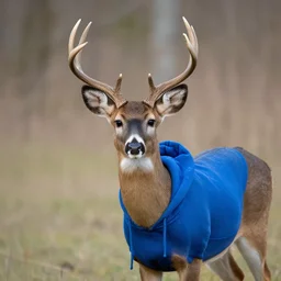 white-tailed deer wearing a blue hoodie