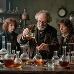 in the styles of Jonathan Knowles,Mat Collishaw, Henry Hargreaves,Evelyn Bencicova, Tatiana Skorokhod, Krista van der Niet, and Olivia Parker. A digital photograph of an old alchemist working in dusty old laboratory with flasks and glassware and spilling substances. Hyper-realism, chemistry, caustics, liquids, acids, photography, still life photography.