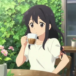 a cute young anime woman drinking coffee at a outdoor cafe, lush overgrowth, ivy, foliage, flowers, cute face by ilya kuvshinov, makoto shinkai, kyoani, masakazu katsura, dynamic pose, crisp and sharp, yoshinari yoh, gelbooru, danboor, rounded eyes, anime poster, cel shaded, detailed facial features