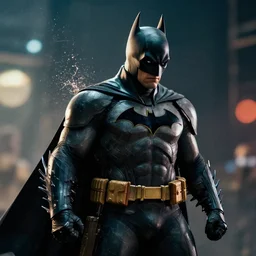 batman in gears of war battlefield 5, splash art, movie still, cinematic lighting, dramatic, octane render, long lens, shallow depth of field, bokeh, anamorphic lens flare, 8 k, hyper detailed, 3 5 mm film grain