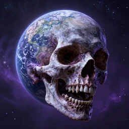 screaming earth planet in the shape of a skull, cosmic horror, ghostly, intricate, photo real, hyperrealism, unreal engine 5, raytracing, in the style of rene aigner, ultraviolet colors,