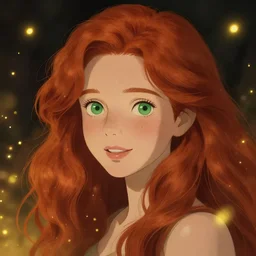 portrait of a red haired girl, long hair, green eyes, hint of freckles, beautiful round face, soft amazed smiles, among golden fireflies, highly detailed, deep focus, elegant, digital painting, smooth, sharp focus, golden ratio, illustration, ultra realistic, 8 k, art by studio ghibli, deviantart, artstation