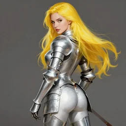 pin - up portrait of a female knight, gorgeous, skintight silver armor, long yellow hair, brown eyes, white skin, derriere pose, fantasy, highly detailed, realistic, illustration, artgerm, joshua middleton, greg rutkowski