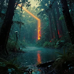 abandoned by i. m. pei, otherworldly darkacademia retro thermal imaging rainforest laser myst uranus evil alien bladerunner 2 0 4 9 bioshock apocalyptic matte painting sunlight at dusk futuristic lake extraterrestial magic realism reclaimed by nature postcyberpunk sleet, archdaily, wallpaper, highly detailed, trending on artstation.