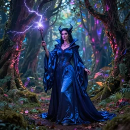 evil sorceress, blue silken robe, wand shooting lightning, studio photo, long shot, mystical forest, colorful