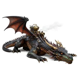 hyper realistic old dying dragon lying down with steam punk apparatus on its back, white background, full frame, art byjon foster