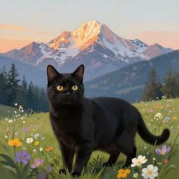 beautiful black cat in a  field of flowers, mountain sunrise, painted by thomas kinkade and lisa frank, detailed , clear, trending on artstation