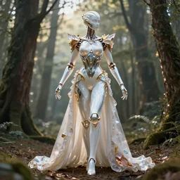 cinematic forest lighting, beauteous practical sumptuous full body elegant pose, white pearlescent, chrome, iridescent titanium hybrid biomechanical, crystal, liquid gold, copper, bronze, crystalline masterpiece incrustations, hyperdetailed metalwork movie still, octane render, unreal engine, crepuscular rays,
