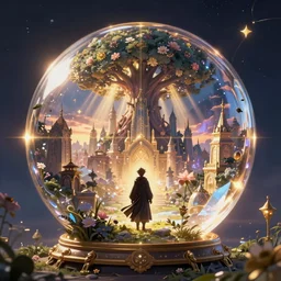 a well rendered magical wizard in front of a big and mystical landscape of a big and structured fantasy kingdom city inside of a crystal ball, god rays, giant tree, bloom, cinematic lightning, twilight, sunset, fantasy, portfolio illustration, rule of thirds, elegant, octane 4d render, concept art, golden ratio, HQ, portal to outer space digital art 8k, trending on artstation, anime, unreal engine
