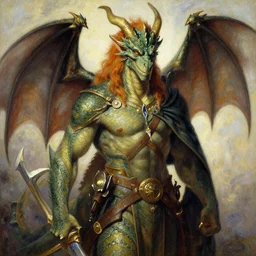 Dragonborn, portrait, full color painting by J.C. Leyendecker