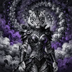 tom bagshaw, soft painting fractal curiosities carnival fur, beautiful female tigress mutation in full nightshade gothic armor, accurate features, focus, very intricate ultrafine details, black white purple volumetric clouds, award winning masterpiece, octane render 8 k hd