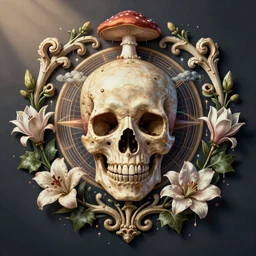 beautiful classical holy decorative ornament, sacred skull, fungus, acanthus scrolls, lilies, ivy, anatomy, energy, geometry, magnolia, bones, petals, stems, ceremonial clouds, dripping paint, fibonacci rhythm, artstation, art germ, wlop