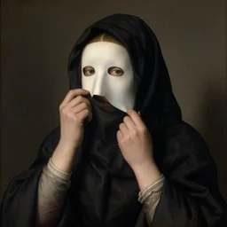 a cloaked woman removes her face, takes of face, removes face mask, pulls down face, by jan van eyck,