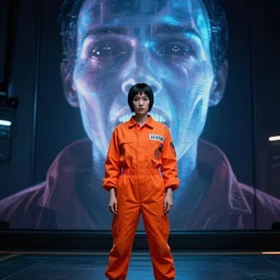 major motoko wearing an orange prison jumpsuit, large hologram of a screaming face dominates the background, photography by fred palacio medium full shot still from bladerunner 2 0 4 9, sci fi, bladerunner, canon eos r 3, f / 3, iso 2 0 0, 1 / 1 6 0 s, 8 k, raw, unedited