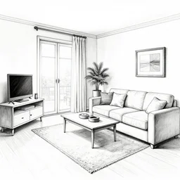 a detailed drawing of a living room, black and white drawing.