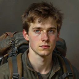 closeup portrait of a young man with short brown hair and blue eyes, wearing old adventuring backpack, cinematic painting, 4k, detailed, by Greg Rutkowski, painting