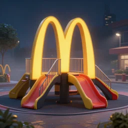 McDonald's play place, mid night, fog, 4k