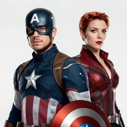 Portrait photo of Captain America portrayed by Jordan Peterson and Black Widow portrayed by Russell Brand, cinematic, trending digital art