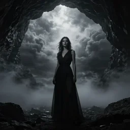 epic portrait cinematic shot an female standing in a cave of an giant, cloudy, foggy, storm, night setting. realistic shaded lighting poster by craig mullism, radiant light digital art, trending on art station kvlt by peder balke by guido crepax by norman bluhm mystic high contrast monochromatic noir