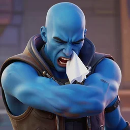 A bald man with blue skin sneezing into his elbow in Fortnite, Commander Zavala closeup face, unreal engine 5 render