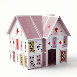 a massive playing cards house made with giant poker card walls whose shape entirely looks like a castle. designed by a good architect. switzerland in the background