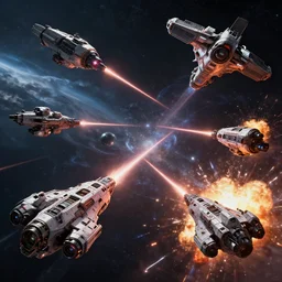 spaceships from every game battling in outerspace. laser beams, explosions, simulated space combat, high detail, 8 k, artstation, cinematic lighting, intricate, highly detailed, hdr, sharp, focus