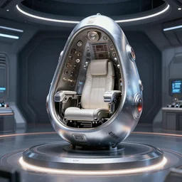 futuristic sci - fi professional lighting. hobby diy engineering photo in a slick futuristic starwars environment. tensegrity captain's chair integrated into a giant button laden cylindrical station inspired by the shape of a hooded chrome egg avocado bean armature on a dais.