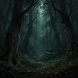 ''creepy forest, night, mysterious atmosphere, background, artwork, digital paintting, artstation, ultra detailed, unreal engine, high quality, 8 k''