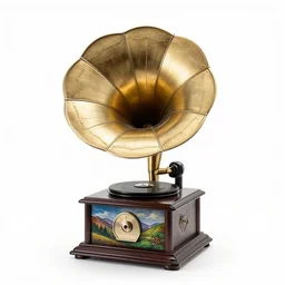 hand-painted gramophone, commercial catalog photo, isolated on a pure white background, centered, entire object in frame, sharp focus, soft studio lighting
