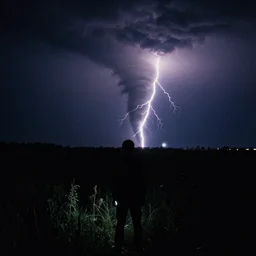 weird dark silhouette standing in the field, night, tornado, lightning, phone flash, 1998 photo