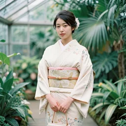 fashion full-body photograph of a beautiful Japanese woman wearing a traditional kimono in an tropical greenhouse, by Annie Leibowitz, extremely detailed, large format camera, Fuji Provia film, 90mm lens, bokeh, blurred background, photorealistic, trending on instagram, trending on artstation