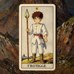 an wood elf boy on the mountain side, anime style, tarot card, Tarot card the fool, fine line work, full color, earth tones, drawn by Hayao Miyazaki
