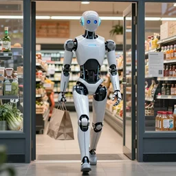 photojournalism of sleek humanoid robot walking out of grocery store carrying paper grocery bags