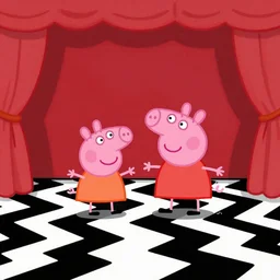 peppa pig and pumbaa dancing in the red room from twin peaks, black and white zig zag floor, strange, odd, minimal, red curtains