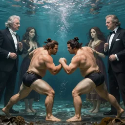 epic beautifull renaissance portrait of 2 sumo wrestlers fighting underwater, art by * christy lee rogers * ( with help of mario testino and peter lindbergh, marta syrko and neil leifer )
