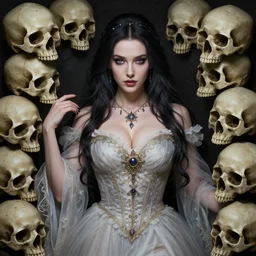 sorceress in beautiful dress surrounded by skulls, final fantasy, cushart krenz, very detailed, realistic face, detailed face, matte, tonemapping, bbwchan, perfection, 4 k,