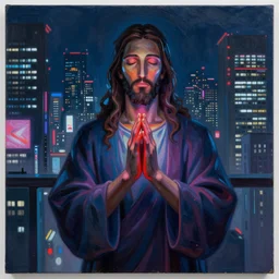 a realistic painting of neon jesus they prayed in the dark city of tokyo, cyberpunk, wideangle camera