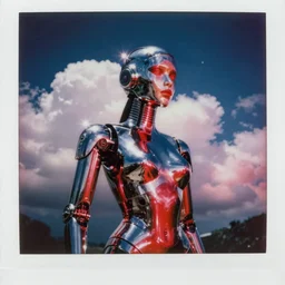 analog polaroid photograph of a chrome female android, sheen, red reflections, unreal engine, azure sky, big clouds visible, sunlight, sparkles, lensflare, film grain, depth of field, stars, space, red color bleed