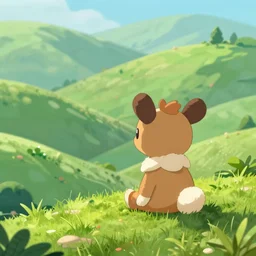 cute growlithe sat alone on a hill looking at a beautiful dreamy hilly verdant landscape at sunset by Anna dittmann