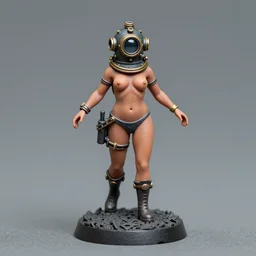 80mm resin detailed miniature of a Diver woman, steampunk diving helmet, breast, stomach skin, navel, belly,  boots, symbol, textured base; Miniature Product Photos, 4K, view from front