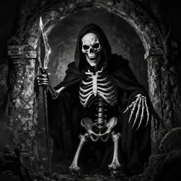 An evil skeleton in a haunted tomb. Dark Fantasy. Dungeon and Dragons. Film Noir. Black and White.
