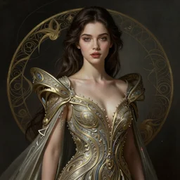 a super realistic sexy young woman, fantasy, intricate, highly-detailed, elegant, dramatic lighting, gorgeous face, lifelike, photorealistic face, long luxurious intricate gown, digital painting, artstation,  illustration, concept art, smooth, sharp focus, art by Jude Palencar, Luis Royo, John Collier, artgerm, and Albert Aublet and Krenz Cushart and Artem Demura and Alphonse Mucha