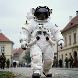 color photograph by legnica, extreme low angle long shot, white extremelyoversized giant chubby american astronaut in spacesut with oversized helmet walking in legnica, in the background are tiny soldiers, movie still, bokeh, canon 5 0 mm, cinematic lighting, dramatic, film, photography, depth of field, award - winning, overcast, 8 k, 3 5 mm film grain