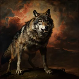 a wolf in hell stares at heaven in anger, dramatic lighting, realistic, contrast, in the style of a renaissance painting